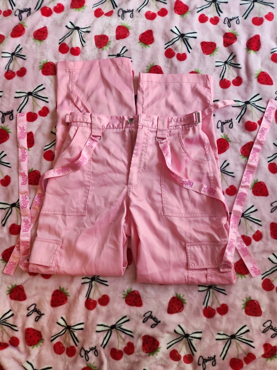 Dolls Kill Pants - Dolls Kill Pink Wide Leg Cargo Jumpsuit Pants with Straps
